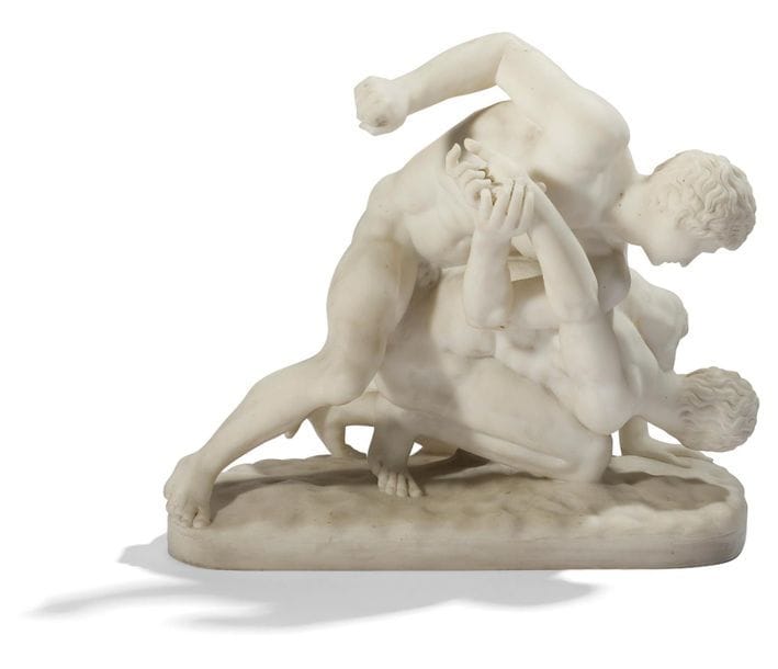 Guglielmo PUGI (1850 - 1915
)
The Wrestlers, after the Ancient White Marble Edition GroupSigned "Pugi" on the terrace42 x 45 x 26 cmTasks and
dirtReference
work:
 
Anonymous, The Wrestlers, Ancient Marble, H. 89 cm, Florence

, Uffizi
 
Palace

.
A native of Fiesole, Guglielmo Pugi had an interesting career in Florence where he opened a workshop largely oriented towards foreign clients. He executes a large number of mythological subjects and copies of antiques. Here, the group is based on the ancient work of the Wrestlers discovered in 1583 near the Saint John Gate in Rome and kept in the Uffizi Palace in Florence since 1688.
 