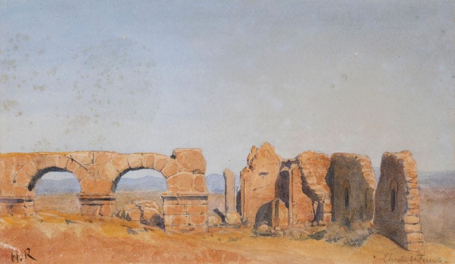 École FRANÇAISE du XIXe siècle
Théâtre de Ferents
Aquarelle.
Monogrammée « H.R. » en bas à gauche et titrée en bas à droite.
(Taches).
12,5 x 21 cm