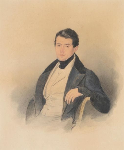 Antoine Claude PANNETIER 
(1772 - Paris, 1859)
Portrait de femme en robe blanche, assise ; portrait d’homme
Deux aquarelles gouachées sur traits de crayon noir en pendant, signées et datées 1834 en bas à droite pour l’une, en bas à gauche pour l’autre. 
23 x 18,5 cm, 
Cadres en bois doré.

 Élève de Girodet, peintre et chimiste, Pannetier exposa aux Salons de 1833 et 1834 ; il fut le premier à vendre, en 1838, de l’oxyde de chrome comme pigment pour les artistes. Ses œuvres sont représentées au musée des arts décoratifs de Bordeaux et au musée des beaux-arts de Strasbourg.