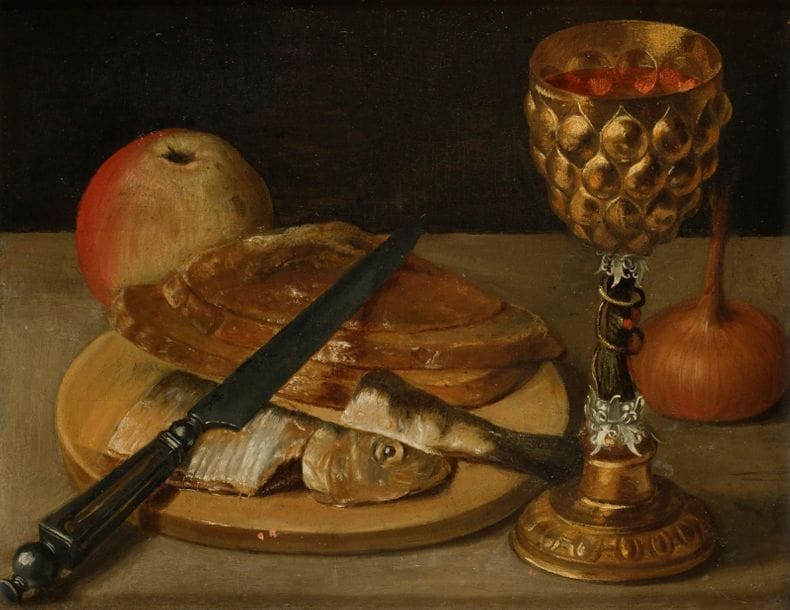ATTRIBUTED TO Georg FLEGEL (Olmütz, 1566 - Frankfurt, 1638)Still life with herring and pokal Oak panel, one plank, not parquet flooring. On the blade of the knife, a crowned R. Old restorations and small lacks. 21,6 x 27,5 cmProvenance :
G
alerie Heim, August 1961 ;

Acquired from this gallery by

Jean Riechers in 1961 ;
An attribution to David RYCKAERT II (1586 - 1642) has
been suggested
Son of a shoe maker, Georg Flegel was born in Moravia in 1566 and grew up in a protestant family. He moved to Vienna in the 1580s where he joined the workshop of Lucas Van Valckenborch. Around 1593, Flegel and his master left for Frankfurt where they joined the studio of the painter Martin Van Valckenborch, brother of Lucas. From 1593 to 1597, the three men worked together on several paintings in which Flegel created fruit, flowers and other still-life related elements. He was inspired by the Flemish masters of Antwerp and Haarlem to develop his style, imbued with great realism and a form of austerity, and spread this type of composition in Germany.
 On the
death of his master, Flegel became a citizen of the city of
 Frankfurt.
In this painting, the composition is simple, organized in geometrical lines. Flegel represents a pickled herring accompanied by a few slices of bread, an apple, an onion, a knife and a very delicately drawn pokal. Calm and organization reign in this work which is not without recalling the calm and poetry of the "silent lives" of a Lubin Baugin.
