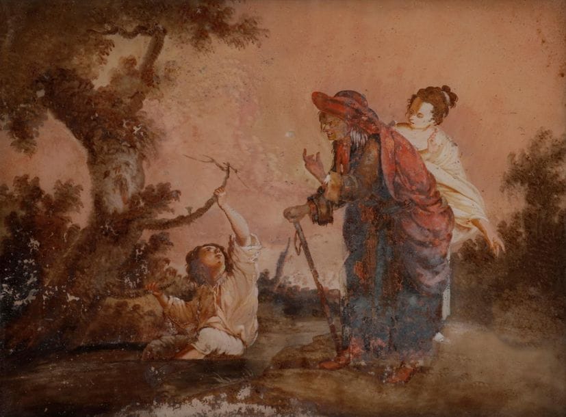 École FRANÇAISE du XVIIIe siècle
Scène libertine
Peinture sur verre.
Manques et restaurations anciennes.
30 x 23 cm