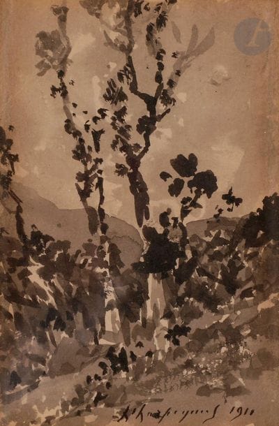 Henri Joseph HARPIGNIES (1819-1916)
Le Vallon, 1911
Encre et lavis d’encre.
Signée et datée en bas à droite.
Signée, datée et dédicacée au dos.
(Plis dans un angle).
11,5 x 7,5 cm

Provenance : 
Vente Maître Audap-Godeau-Solanet, Paris, 15 juin 1990, n° 55.

Cette œuvre sera incluse au Catalogue Raisonné en préparation par Monsieur Jean-Pierre Cappoen.