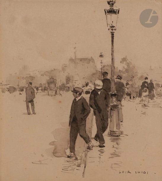 Luigi LOIR (1845-1916)
Rue de Paris animée
Encre et lavis d’encre.
Signée en bas à droite.
14,5 x 13,5 cm
