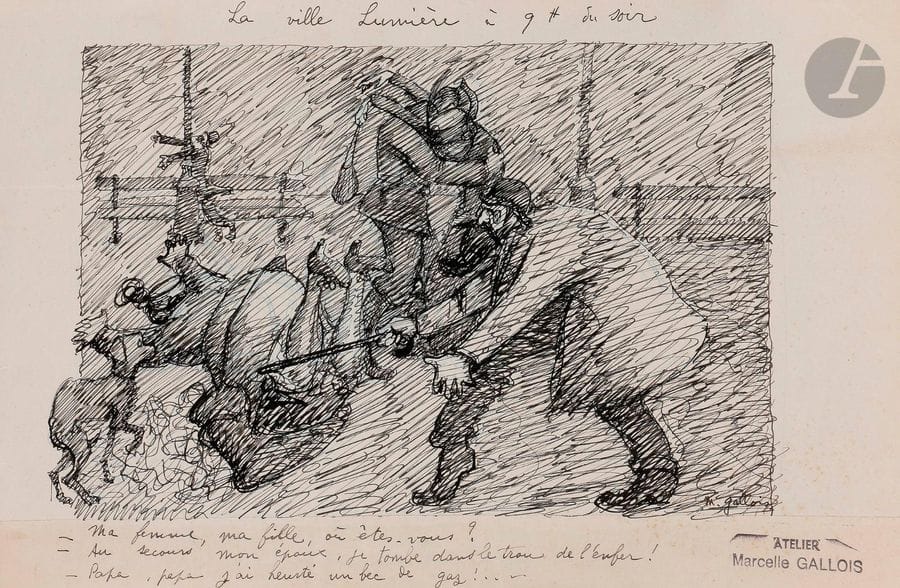 Marcelle GALLOIS (1888-1962)
La Ville lumière à 9h du soir - La France est malade?
2 encres.
Portent le cachet de la vente de l’atelier en bas à droite.
19,5 x 31,5 cm
18 x 20,5 cm

Provenance : 
- Collection Emma Vollant / Aupart. 
- Collection Rose Arjallies. 
- Par descendance.

Bibliographie : 
Noël Alexandre, Mère Geneviève Gallois, bénédictine, peintre, graveur, verrier, Bruxelles, Éditions Marot, 1999, n° 114 et 115.

On joint un carnet de dessins du même artiste.

Nous remercions les Amis de Geneviève Gallois pour les informations qu’ils nous ont transmises.