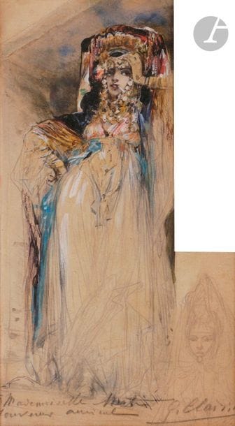 Georges CLAIRIN (1843-1919
)Femmes ouled naïl en tenue de fêteGouache
sur traits de mine

de plomb.


Signed and dedicated to Madeleine Tissot dite Mademoiselle Mati.
27,5 x 15,5 cmProvenance

:
Madeleine Tissot by descent



.





Related work :
Sotheby's Sale, Paris, Collection Patrick Guerrand Hermès, Orientalist paintings and Islamic art from the villa Aïn Kassimou, Marrakech, 9 October 2012, n° 41
.








