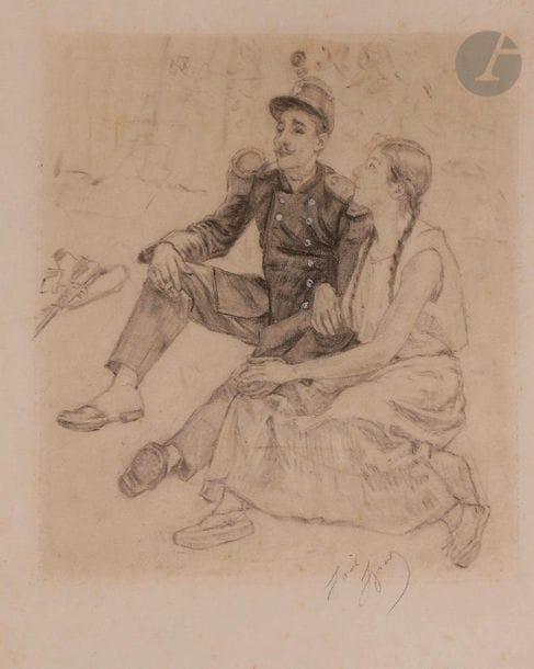 Louis LEGRAND (1863-1951
)Les AmoureuxFusain
and gouache highlights.
Signed lower right.
40 x 30,5 cm
Dessin pour la couverture de "Courrier Français" paru le 8 septembre 1889.


 