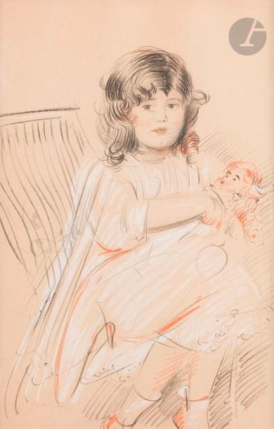 Paul César HELLEU (1859-1927)
Petite fille assise tenant sa poupée
Trois crayons.
Signé en bas à gauche.
(Légèrement insolé).
54 x 35 cm

Provenance : 
Ancienne collection Le Fuel.

œuvres en rapport :
La petite fille ressemble à la première enfant de Paul César et Alice Helleu, née en 1887 (voir : Frédérique de Watrigant, Paul César Helleu, Paris, Somogy éditions d’art, 2014, pp. 120, 180).

Nous remercions le comité Helleu de nous avoir aimablement confirmé l’authenticité de cette œuvre.