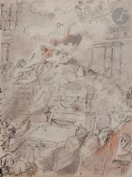 Louis MASRELIEZ
(Paris 1747 - Stockholm 1810)
Le Sacrifice d’Iphigénie
Plume et encre noire, lavis gris, sanguine et lavis de sanguine sur traits de crayon noir.
(Petites taches).
27,5 x 21 cm