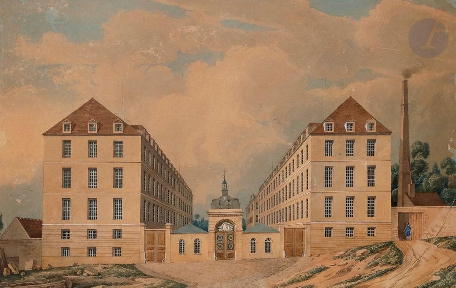 Théodore BASSET de JOLIMONT (Martainville-Épreville 1787 - Dijon 1854)
Une paire de vues animées d'une manufacture
Aquarelles gouachées.
Signées et datées " 1850 " en bas à droite.
(Insolé, épidermures, importante déchirure sur l'une en bas à droite).
35 x 52 cm et 37 x 57,5 cm