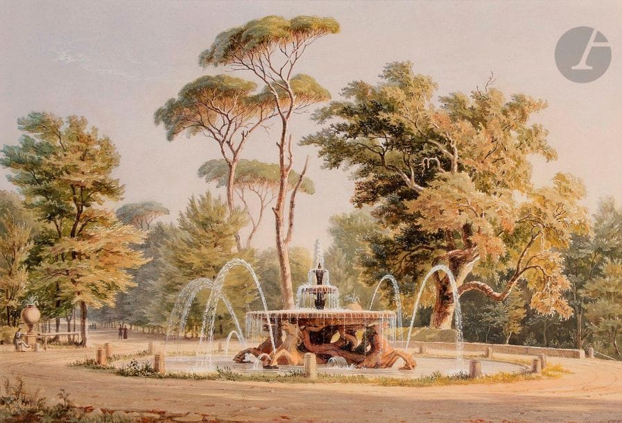 Georg BUSSE
(Bennenmühlen 1810 - Hanovre 1868)
Fontaine des chevaux marins à la Villa Borghèse
Aquarelle et gouache vernissée.
Signée, située « Roma » et datée « 1842 » en bas à droite.
24 x 35 cm

Provenance : 
Vente Sotheby’s, 11 juillet 2001, n° 244, reproduit.