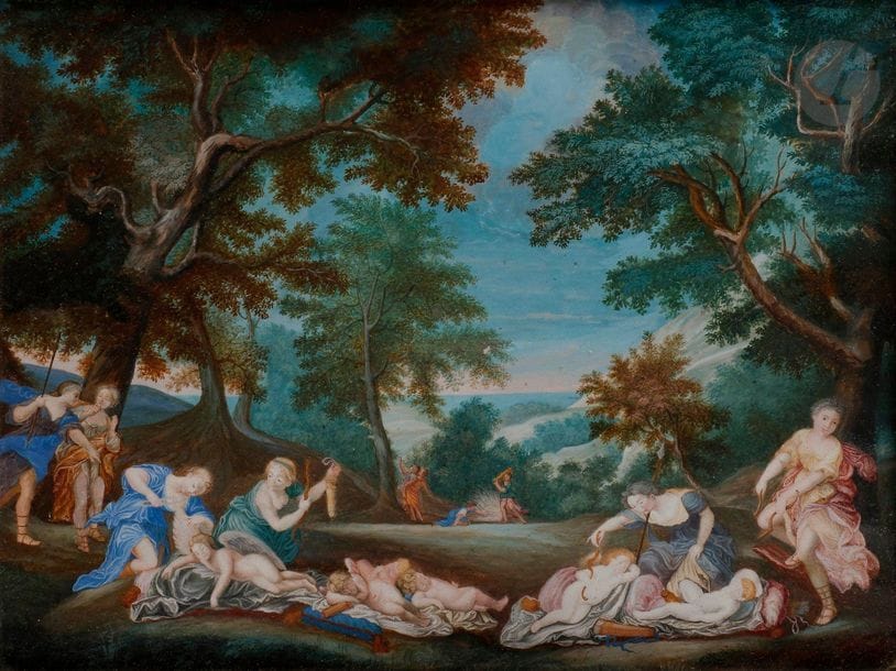 ÉCOLE FRANÇAISE du XVIIe siècle
Les Amours désarmés, d’après l’Albane
Gouache sur vélin tendu sur panneau.
(Petites petits plis et quelques épidermures).
26 x 32,5 cm