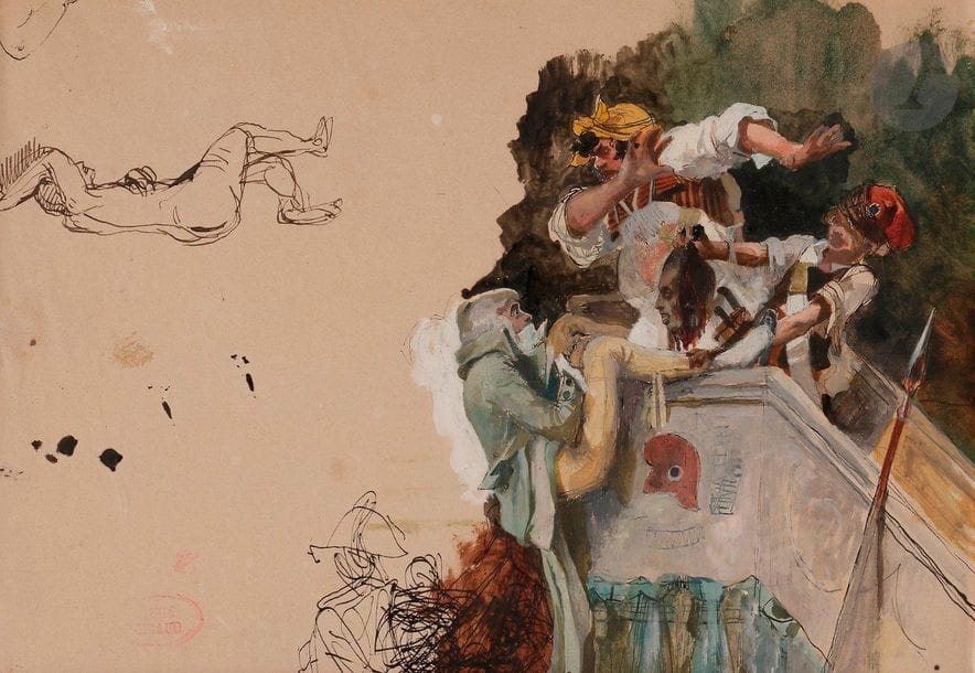 Victor GIRAUD (Paris 1840 - 1871
)Boissy d'Anglas saluting the head of the deputy FéraudInk
and gouache.
Stamp of the Giraud sale lower left.
17.5 x 25.5 cmBibliography

: 
Pierre Serna, "Men do not die free and equal..." or the hidden face of the paintings of the Ist prairial in 183, in Cahiers de l'Institut d'Histoire de la Révolution Française, vol



.


 
10, 2016, pp. 1-30.






