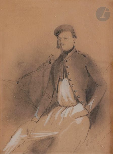 ÉCOLE FRANÇAISE du XIXe siècle
Portrait d’homme assis portant un chapeau
Crayon noir, estompe et rehauts de gouache blanche.
Signé et dédicacé en bas à droite « P. Achet de Massy.. ? / à son ami ».
(Insolé).
27 x 21 cm