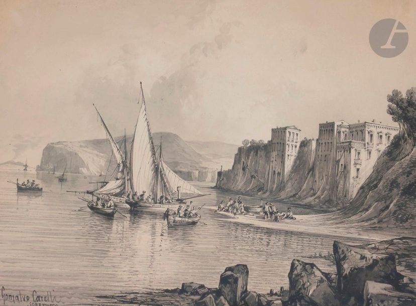 Conzalvo CARELLI (Naples 1818 - 1900
)SorrentoPen
and black ink, grey wash.
Signed and located at the bottom left.
26,5 x 25,5 cm



