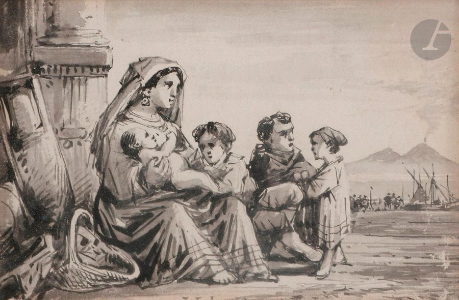 Conzalvo CARELLI (Naples 1818 - 1900
)Neapolitan women and her children - Neapolitan bandits - Diseuse de Bonaventure3
feathers, black ink and grey wash.
Two signed.
9 x 14 cm - 9 x 13 cm - 10.5 x 17 cm



