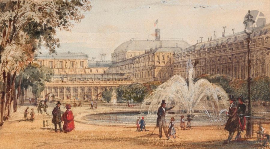 François Étienne VILLERET
(Paris vers 1800 - Sens 1866) 
Le Palais Royal
Aquarelle gouachée et grattage.
8,5 x 15,5 cm

Provenance : 
- Collection Albert-Armand Rateau (son cachet au dos du montage).
- Par descendance.