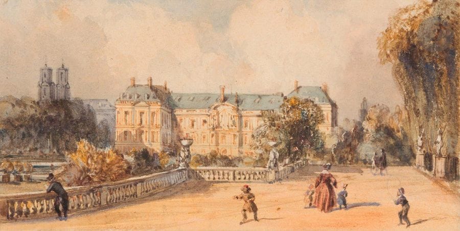 François Étienne VILLERET
(Paris vers 1800 - Sens 1866) 
Le Palais du Luxembourg, vu de la terrasse
Aquarelle et grattage.
9,5 x 17,5 cm

Provenance : 
- Collection Albert-Armand Rateau (son cachet au dos du montage).
- Par descendance.