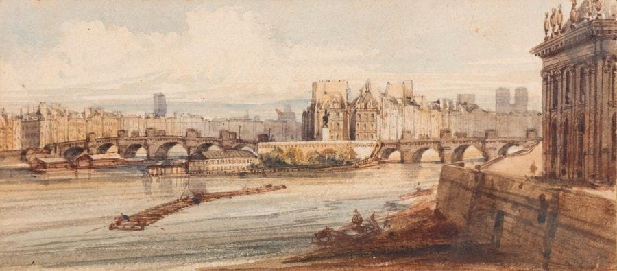 François Étienne VILLERET
(Paris circa 1800 - Direction 1866)
View of the Pont-neuf, circa 1830Watercolour
and scraping7
x 15.5 cmProvenance

: 
- Collection Albert-Armand Rateau (his stamp on the back of the mounting).
- By descent.







