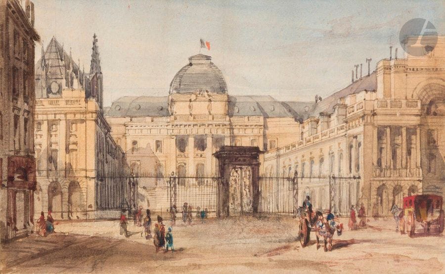 François Étienne VILLERET
(Paris vers 1800 - Sens 1866)
Le Palais de justice
Aquarelle gouachée.
9 x 15,5 cm

Provenance : 
- Collection Albert-Armand Rateau (son cachet au dos du montage).
- Par descendance.