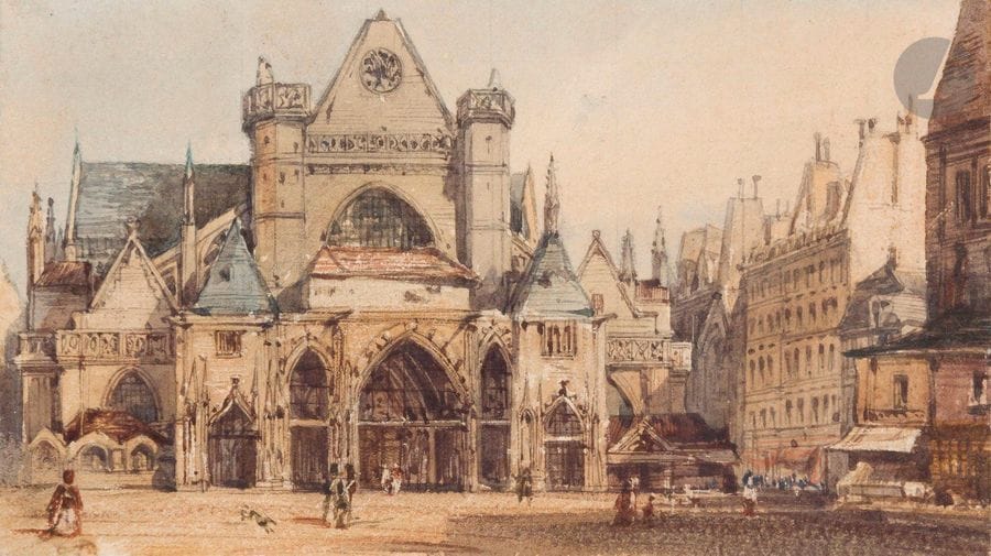 François Étienne VILLERET
(Paris around 1800 - Direction 1866)
Saint-Germain l'AuxerroisWatercolour
and scraping.
8 x 14.5 cmProvenance

: 
- Collection Albert-Armand Rateau (his stamp on the back of the mounting)


.

 

- By descent.








