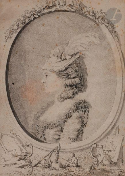 Gabriel de SAINT-AUBIN (Paris 1724 - 1780)
Portrait de femme de profil gauche dans un montage feint orné des attributs des arts
Crayon noir, lavis gris et rehauts de plume et encre noire.
(Insolé, rousseurs, petits plis et taches).
Le portrait est inscrit dans un ovale.
23,5 x 17 cm

Provenance : 
Ancienne collection M. Paulme, son cachet en bas à droite (Lugt 1910).

Bibliographie:
E. Dacier, Gabriel de Saint-Aubin, Catalogue Raisonné, Tome II, Paris, 1931, n° 269.