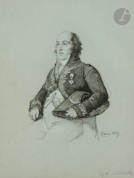 François-Joseph HEIM
(Belfort 1787 - Paris 1865)
Portrait de Monsieur Huyot, architecte, 1829
Pierre noire et rehauts de craie blanche sur papier bleu.
Signée et datée en bas à droite.
Annotation peu lisible au crayon noir en bas à droite.
27,5 x 21,5 cm 
