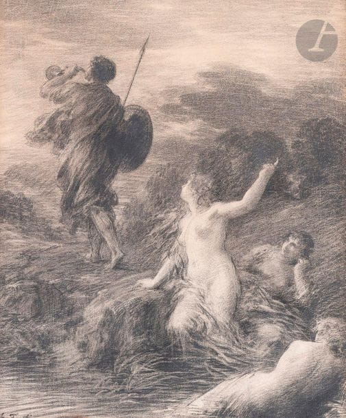 Henri FANTIN-LATOUR (1836-1904)
Siegfried et les filles du Rhin, 1884
Crayon lithographique et grattage sur calque contrecollé sur papier.
Signé en bas à gauche.
Contresigné en grattage en bas à droite et daté de 1884.
(Nombreuses imperfections dues au report, deux petites déchirures en haut à droite, petit pli du calque au centre).
46 x 38 cm
