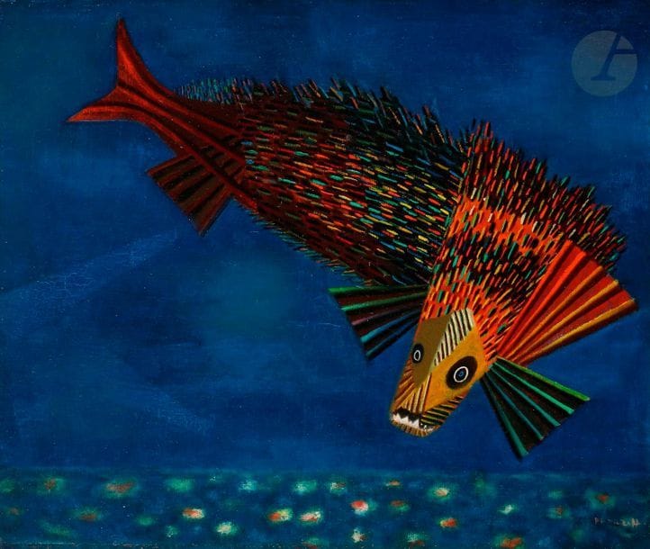 *Georges PAPAZOFF [bulgare] (1894-1972)
Poisson, 1955
Huile sur toile.
Signée en bas à droite.
46 x 55 cm

Provenance : 
Vente Maître Ionesco, Neuilly-sur-Seine, 4 décembre 1990. Acquis par l’actuel propriétaire au cours de cette dernière.

Bibliographie : 
Gaston Diehl, Papazoff, Paris, Éditions Cercle d’Art, 1995, n° 115, p. 177.