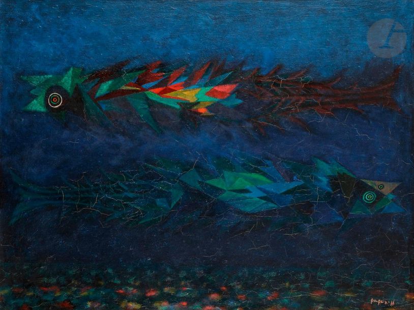 *George PAPAZOFF [Bulgarian] (1894-1972
)Fish, 1957Oil
on canvas.
Signed lower right.
(Small cracks).
50 x 65 cmBibliography

: 
Gaston Diehl, Papazoff, Paris, Éditions Cercle d'Art, 1995, n° 112, p.174


.




