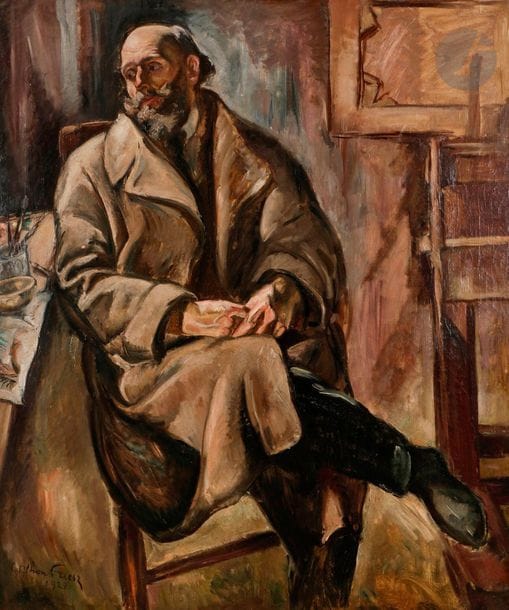émile Othon FRIESZ (1879-1949)
Portrait de Paul Paquereau, 1923
Huile sur toile.
Signée et datée en bas à gauche.
150 x 125 cm

Provenance :
- Collection Léon Pédron, acquis directement à l'artiste.
- Collection M. Kuenegel.
- Succession G., Normandie.

Expositions : 
- Carnegie Institute of Pittsburgh, 1924, n° 115, où il reçoit la première mention honorable pour ce tableau (étiquette au dos).
- Othon Friesz, Galerie Charpentier, Paris, 1950 (étiquette au dos).
- Othon Friesz, Galerie Drouant, Paris, mai-juin 1973 (étiquette déchirée au dos).
- Othon Friesz, Le Fauve baroque, Musée Malraux, le Havre, 20 octobre 2007 - 27 janvier 2008, n° 152.

Bibliographie : 
Robert Martin, Odile Aittouarès, Émile Othon Friesz, L'Œuvre peint I, Paris, Éditions Aittouarès, 2000, n° 675, reproduit p. 248.
 Paul Paquereau (1871-1956) fut un peintre et décorateur de théâtre proche d'Émile Othon Friesz avec lequel il a exposa.
 