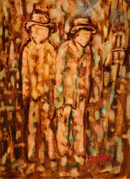 Faïbich Schraga ZARFIN (1899-1975)
Deux hommes aux chapeaux, vers 1952-54
Gouache vernie sur carton
Signée en bas à droite.
33 x 24 cm