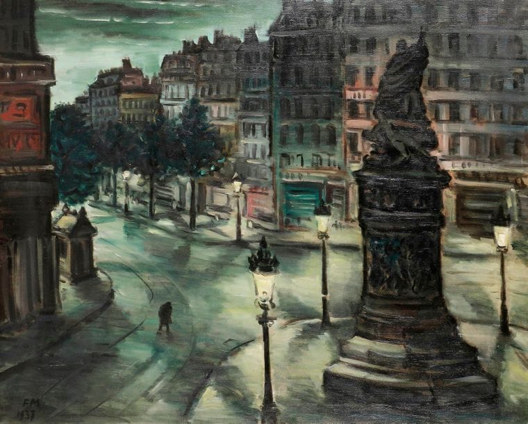 Frans MASEREEL (1889-1972)
Paris, place de Clichy, 1937
Huile sur toile.
Monogrammée et datée en bas à gauche.
Signée et datée au dos.
(Restauration).
81 x 100 cm