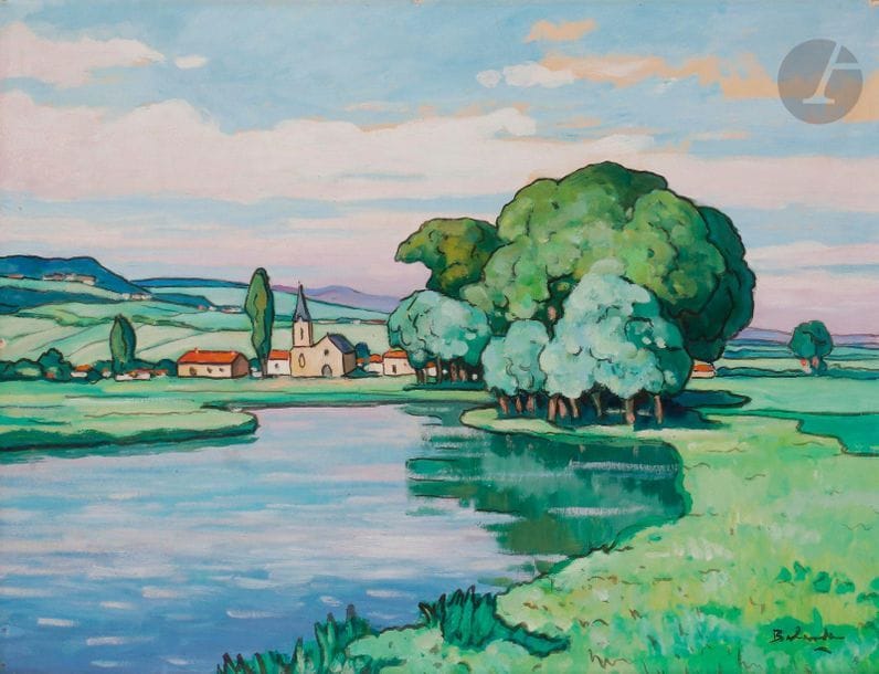 Gaston BALANDE (1880-1971
)Village
 au bord du lacOil on

 paper pasted on

 canvas.

 Signed lower

 right.

 50 x 65 cm

