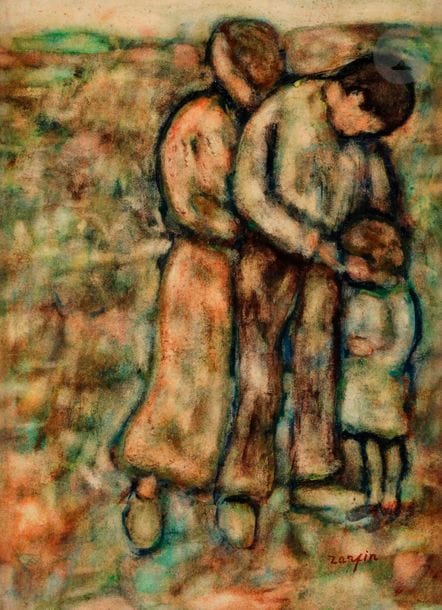 Faïbich Schraga ZARFIN (1899-1975)
La Famille, vers 1952-54
Gouache vernie sur carton.
Signée en bas à droite.
Dédicacée et datée au dos.
33 x 24 cm