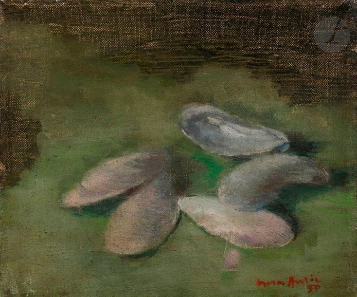 Nora AURIC (1903-1982
)Les
 Moules, 1950Oil

 on

 canvas.

 Signed and dated lower

 right.

 15,5 x 18 cm

