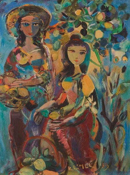 Ludwig KLIMEK (1912-1992)
Femmes aux citrons, 1959
Huile sur toile.
Signée et datée en bas vers la droite.
Signée et titrée au dos.
(Petits manques).
73 x 54 cm