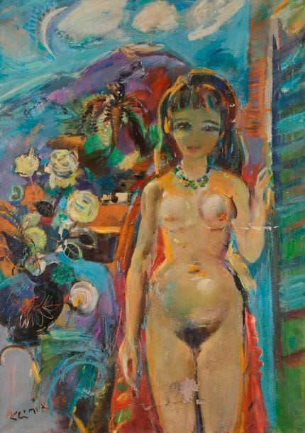 Ludwig KLIMEK (1912-1992)
Fille de soleil, 1964
Huile sur toile.
Signée et datée en bas à gauche.
Signée et titrée au dos sur le châssis.
(Manques importants).
92 x 65 cm