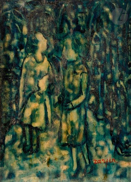 Faïbich Schraga ZARFIN (1899-1975)
Deux Femmes dans une église, vers 1952-54
Gouache vernie sur carton.
Signée en bas à droite.
33 x 24 cm