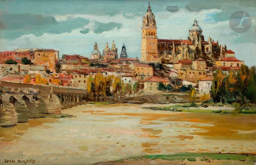 Jean RIGAUD (1912-1999)
Salamanque, vers 1960
Huile sur toile.
Signée en bas à gauche.
Signée et titrée au dos.
50 x 73 cm

Provenance : 
Famille de l'artiste.