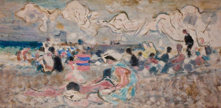 Alexandre Sasha GARBELL [russe] (1903-1970)
Les Napolitaines sur la plage, 1969
Huile sur toile.
Signée et datée en bas à droite.
65 x 130 cm

Provenance : 
Galerie Framond, Paris (étiquette au dos).