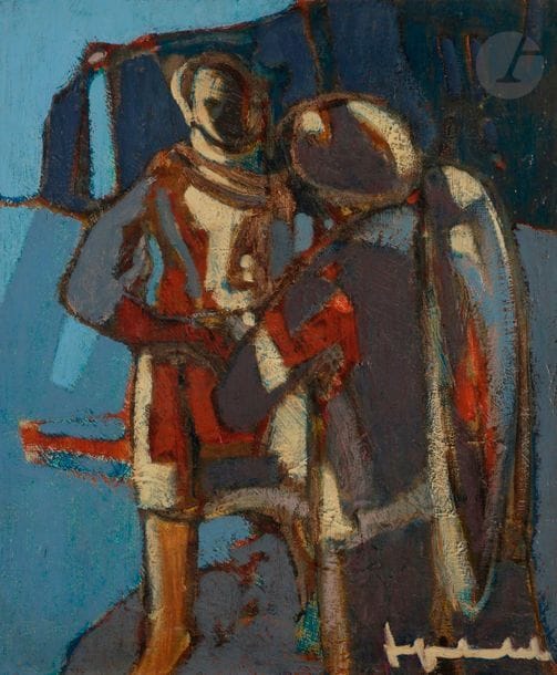 Jef FRIBOULET (1919-2003
)Men with
 nets, circa 1960Oil on canvas.
 Signed lower
 right.

 Titled on the

 back.

 65 x 54 cm

