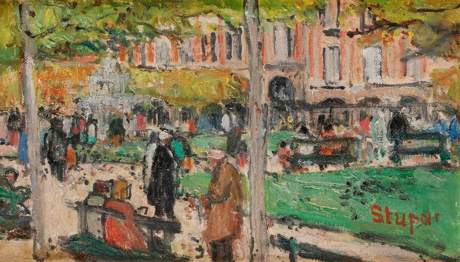 Marko STUPAR [Franco-Bosnian] (born in 1936
)Afternoon at Place
 des VosgesOil

 on

 canvas.

 Signed lower

 right.

 16 x 27 cm

