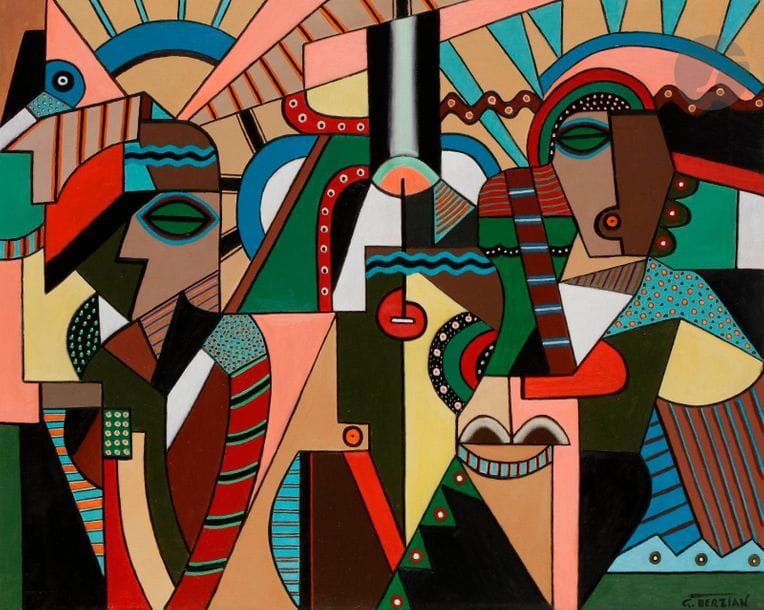 Georges TERZIAN (born 1939
)Le
 Couple, 2007Oil on canvas.
 Signed lower
 right. Signed

, dated and titled on the

 back.

 72 x 93 cm

.
