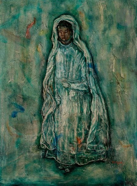 Faïbich Schraga ZARFIN (1899-1975)
La Communiante, 1957
Huile sur toile.
Signée en bas à droite.
81 x 60 cm

Bibliographie : 
Zarfin, sous la direction d'Ernest Fraenckel, textes d'Étienne Souriau, Jean Cassou, Waldemar George, Henri Hertz et Paul Rempenault, Genève, Éditions Pierre Cailler, 1963, reproduit planche n° 8 en noir et blanc.

" Est-elle réelle cette communiante qui apparait sur un fond hivernalement froid et glacial, recueillie, virginale, religieusement émue mais préoccupée - ou irréelle, revenue d'un monde meilleur où elle était déjà entrée - comme la jeune morte du conte des " Trois Cigogne " de Stéphane Mallarmé, qui visite, une nuit de Noël, sa famille inconsolée ? Sa parure est tout intérieure, elle n'a rien de mondain, elle communie avec l'Au-Delà, mais continue à s'intéresser à Ici-bas. Sa chaleur intérieure, alimentée par un amour plus qu'humain, contraste avec la froideur d'un monde matériel dont les souffrances cesseront seulement lorsque la chaleur du cœur aura fait fondre les glaciers " (Texte d'Ernest Fraenkel, Ibidem).