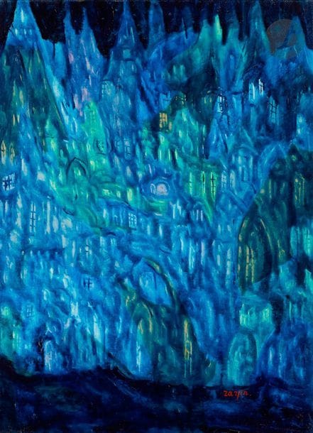 Faïbich Schraga ZARFIN (1899-1975)
Village fantastique, vers 1950-55
Huile sur toile.
Signée en bas à droite.
81 x 60 cm