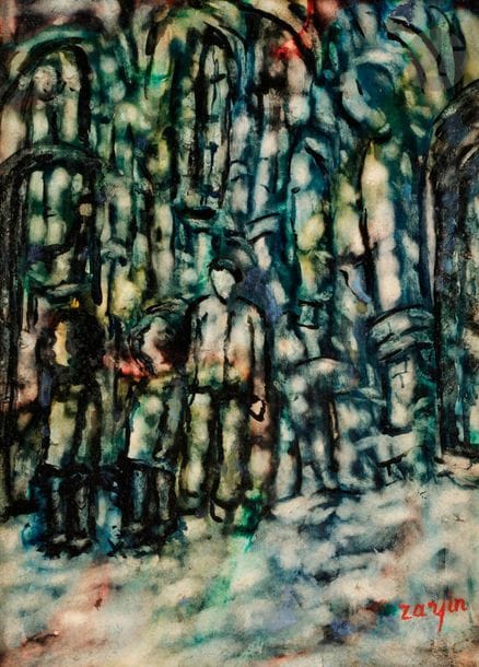 Faïbich Schraga ZARFIN (1899-1975
)Character and children,
 circa 1958-65Gouache

 varnished

 on cardboard.

 Signed lower

 right.

 Signed

 on the back.

 33 x 24 cm


