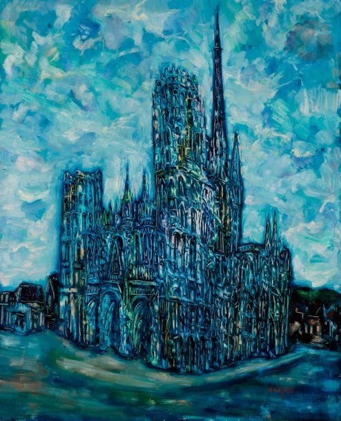 Faïbich Schraga ZARFIN (1899-1975)
La Cathédrale de Rouen, 1959-60
Huile sur toile.
Signée en bas à droite.
100 x 81 cm

Bibliographie : 
Zarfin, sous la direction d'Ernest Fraenckel, textes d'Étienne Souriau, Jean Cassou, Waldemar George, Henri Hertz et Paul Rempenault, Genève, Éditions Pierre Cailler, 1963, reproduit planche n° 25.
Cette œuvre fait également l'objet de la couverture du même ouvrage.

" Ici la cathédrale nous en impose par sa masse, elle devient autoritaire. Mais le caractère paisible, protecteur, avenant des bleus qui dominent nous fait accepter cette autorité, étouffant en germe tout mouvement de révolte [...] " (Texte d'Ernest Fraenkel, Ibidem).