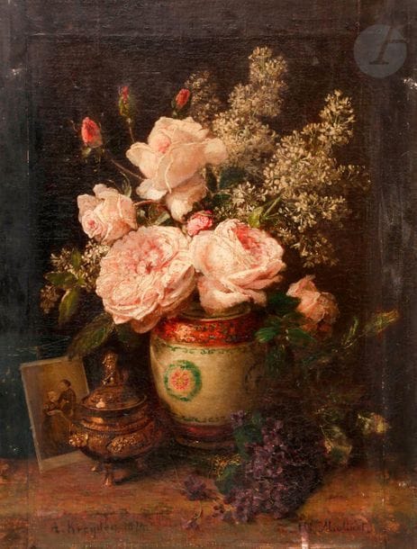 Alexis KREYDER (1839-1912)
Vase de fleurs, 1874
Huile sur toile.
Signée en bas à gauche.
Dédicacée en bas à droite.
(Usures).
54 x 42 cm