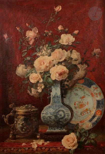 Alexis KREYDER (1839-1912)
Roses au vase chinois
Huile sur toile.
Signée en bas à droite.
(Craquelures).
110 x 75 cm