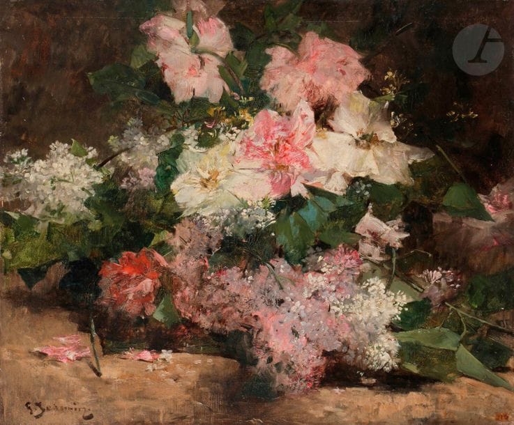 Georges JEANNIN (1841-1925)
Bouquet de pivoines et lilas
Huile sur toile.
Signée en bas à gauche.
étiquette d'exposition en bas à droite.
(Restaurations).
54 x 65 cm